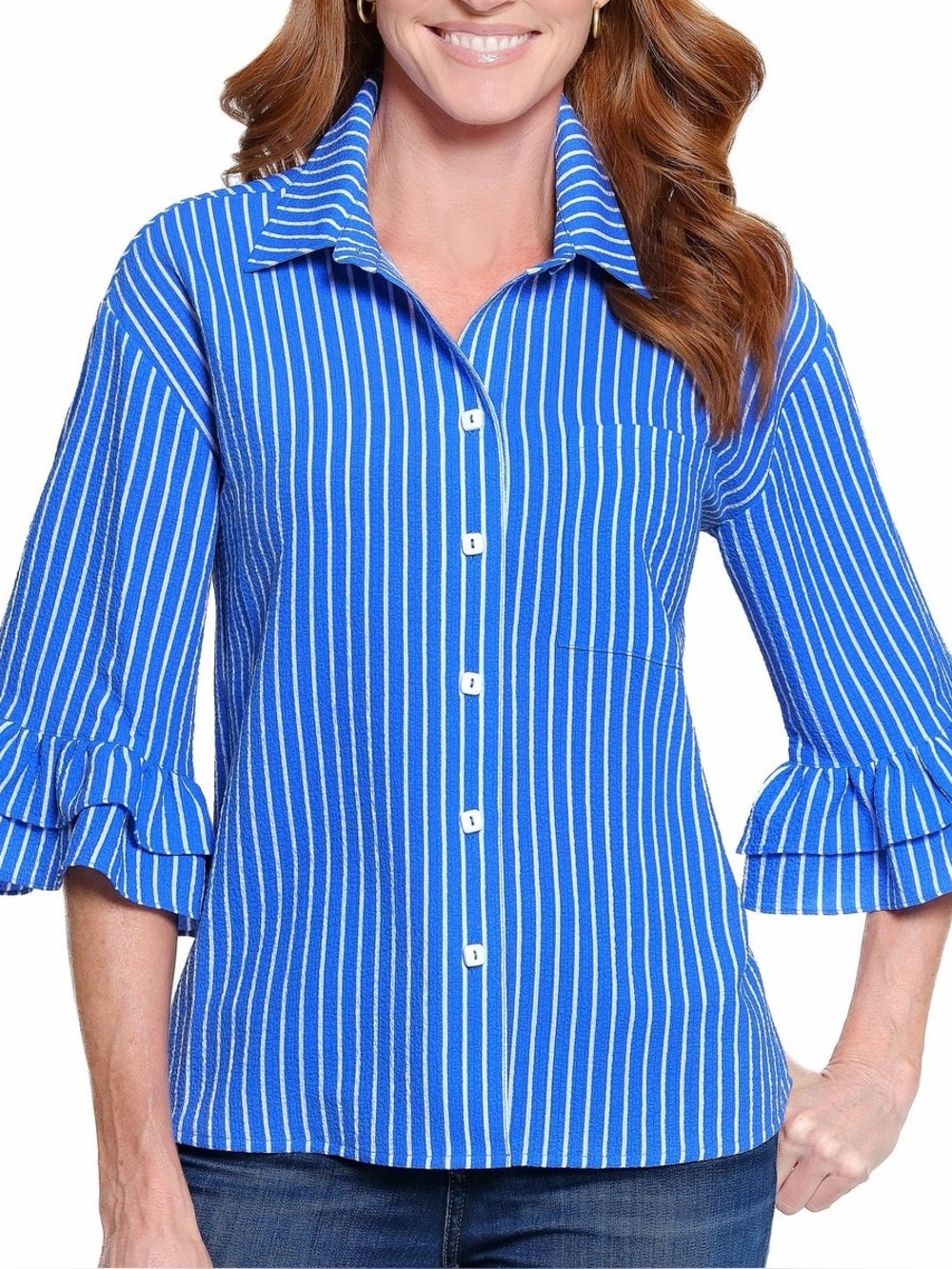 Ali Miles Crinkle Striped Ruffle Sleeve Top